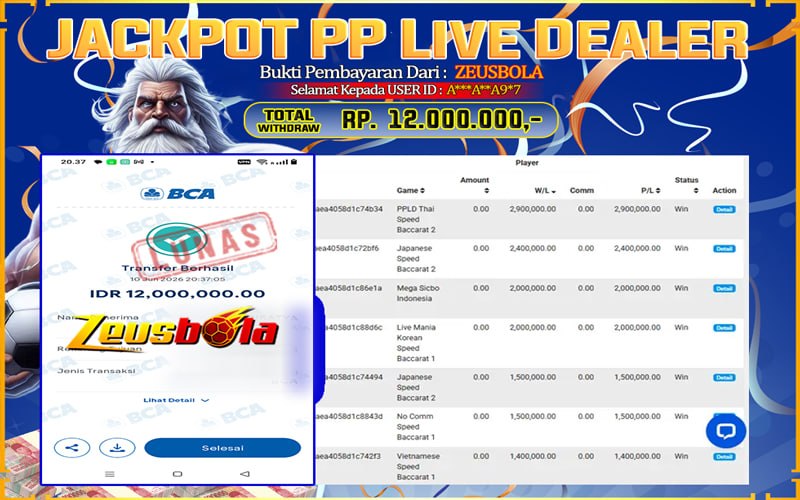 Bukti Kemenangan Member Setia Kami A***A**A9*7 Sebesar Rp 12.000.000 di Permainan PP Live Dealer