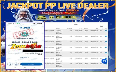 Bukti Kemenangan Member Setia Kami A*AA9*7 Sebesar Rp 29.000.000 di Permainan PP Live Dealer
