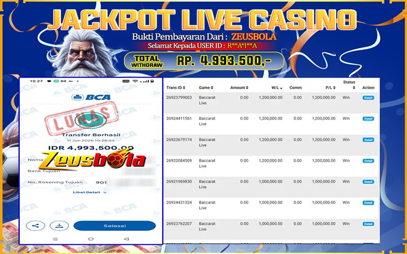 Bukti Kemenangan Member Setia Kami R**A*I**A Sebesar Rp 4.993.500 di Permainan Playtech Live