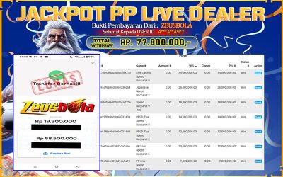 Bukti Kemenangan Member Setia Kami A*AA9*7 Sebesar Rp 77.800.000 di Permainan PP Live Dealer