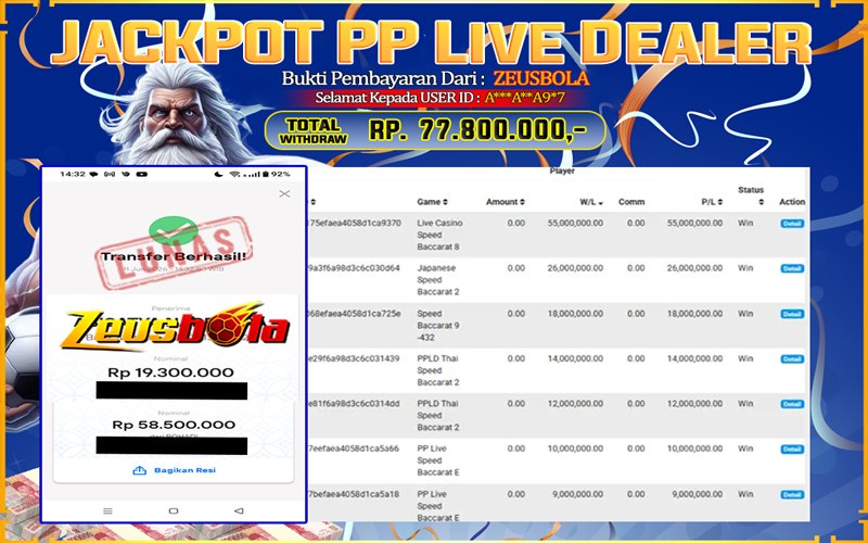 Bukti Kemenangan Member Setia Kami A*AA9*7 Sebesar Rp 77.800.000 di Permainan PP Live Dealer