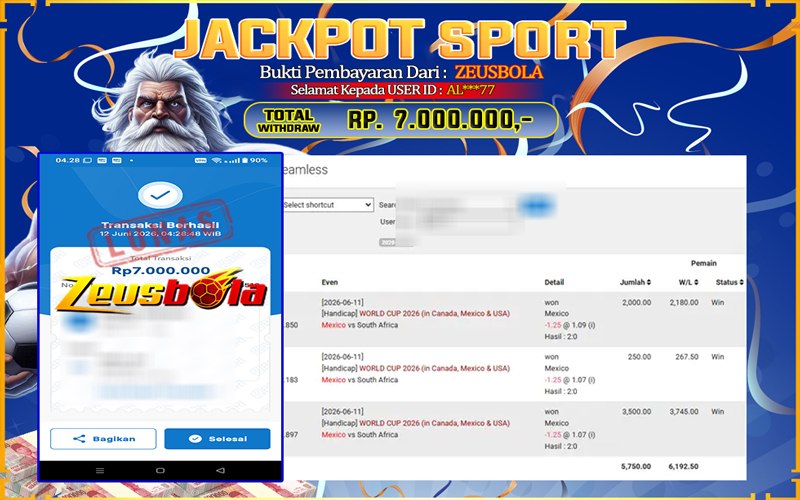 Bukti Kemenangan Member Setia Kami AL***77 Sebesar Rp 7.000.000 di Permainan SBO Sport