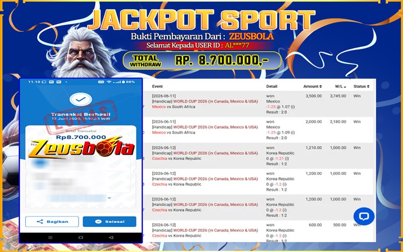 Bukti Kemenangan Member Setia Kami AL***77 Sebesar Rp 8.700.000 di Permainan SBO Sport