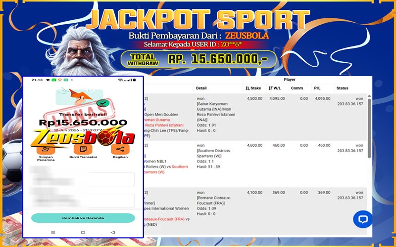 Bukti Kemenangan Member Setia Kami ZO**6* Sebesar Rp 15.650.000 di Permainan Saba Sports