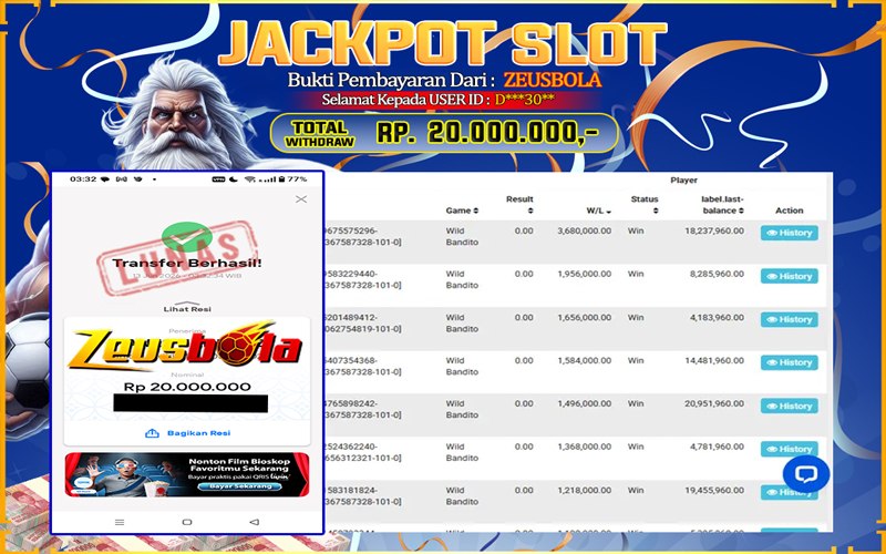 Bukti Kemenangan Member Setia Kami D*30 Sebesar Rp 20.000.000 di Permainan Wild Bandito
