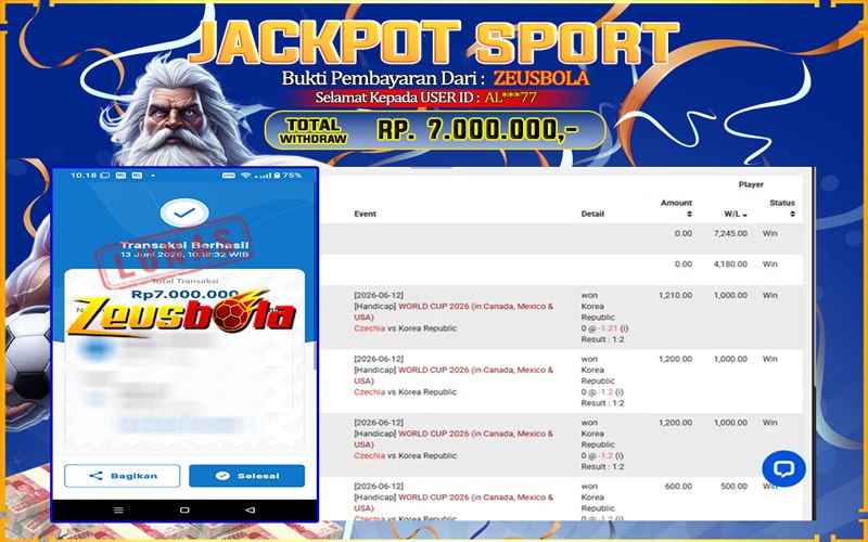Bukti Kemenangan Member Setia Kami AL***77 Sebesar Rp 7.000.000 di Permainan SBO Sport